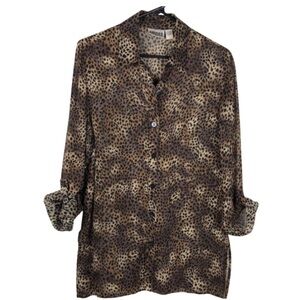 CHICO'S Shirt Brown Black Sheer Animal Print Cheetah Button Up Long Sleeve Small
